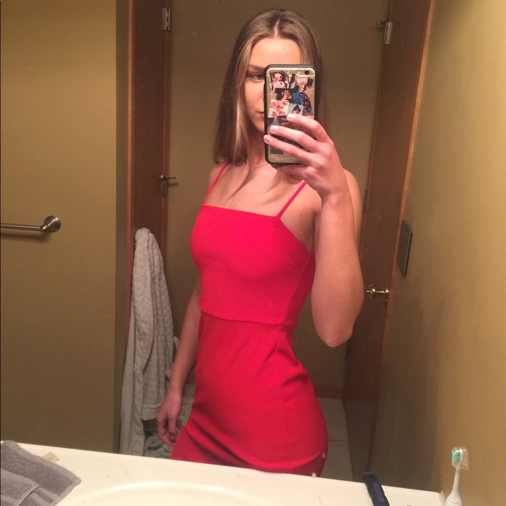 Red square neck size 0 dress with a slit